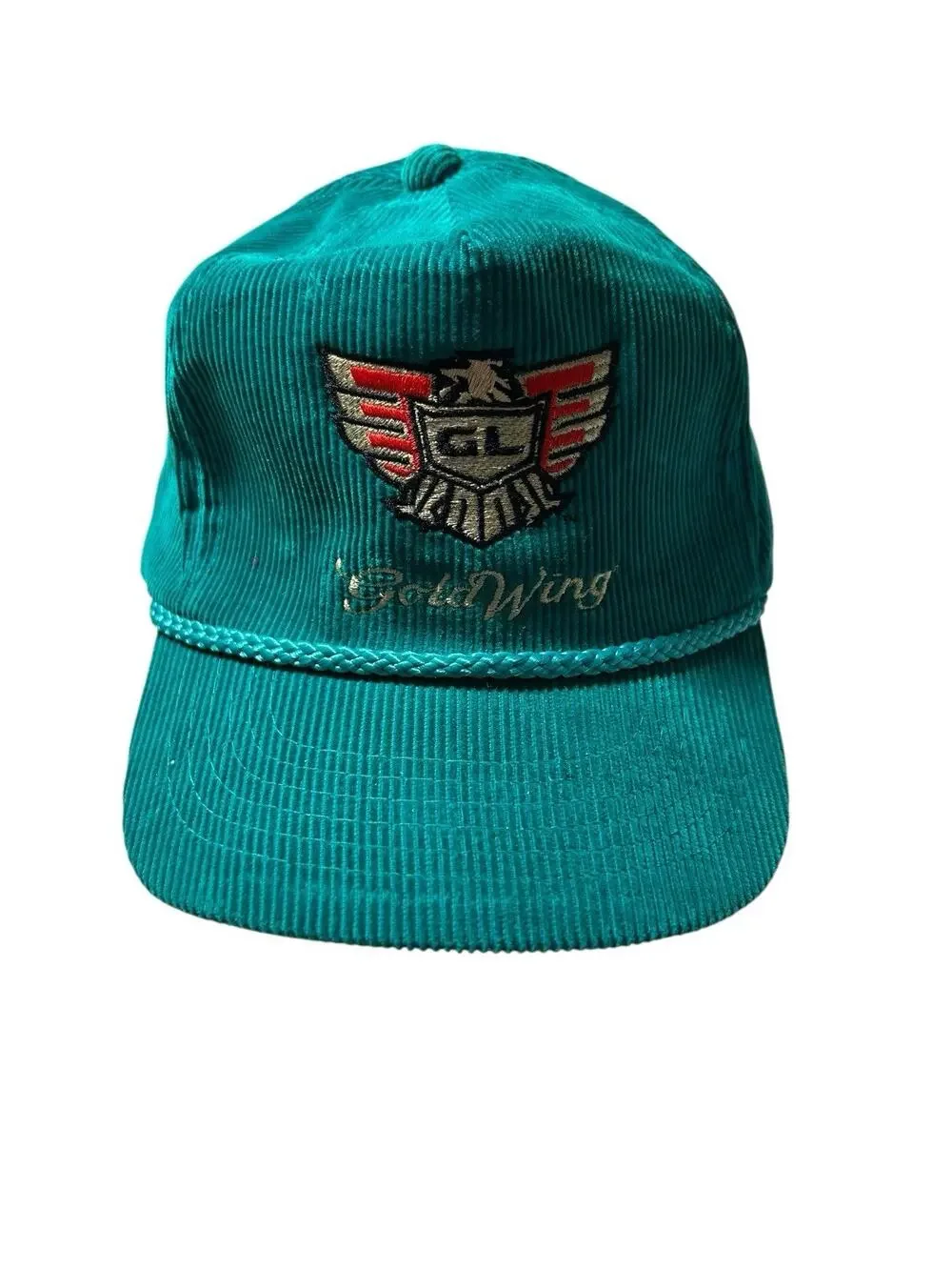 Vintage Corduroy Trucker Hat Cap Strapback Amapro 80s Teal Blue Goldwing Eagle